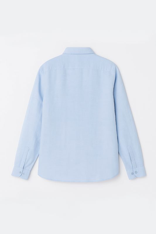 Flat lay of the back view of Version Originale’s classic blue linen shirt with a clean, minimal rear and structured collar
