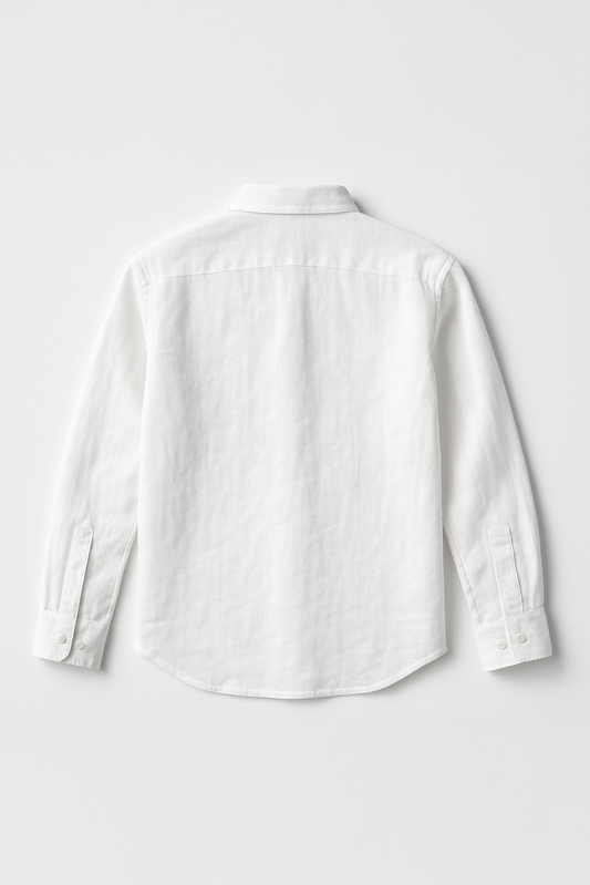Back view flat lay of Version Originale's classic white linen shirt showcasing a clean, minimal silhouette with long sleeves, buttoned cuffs, and a softly structured collar