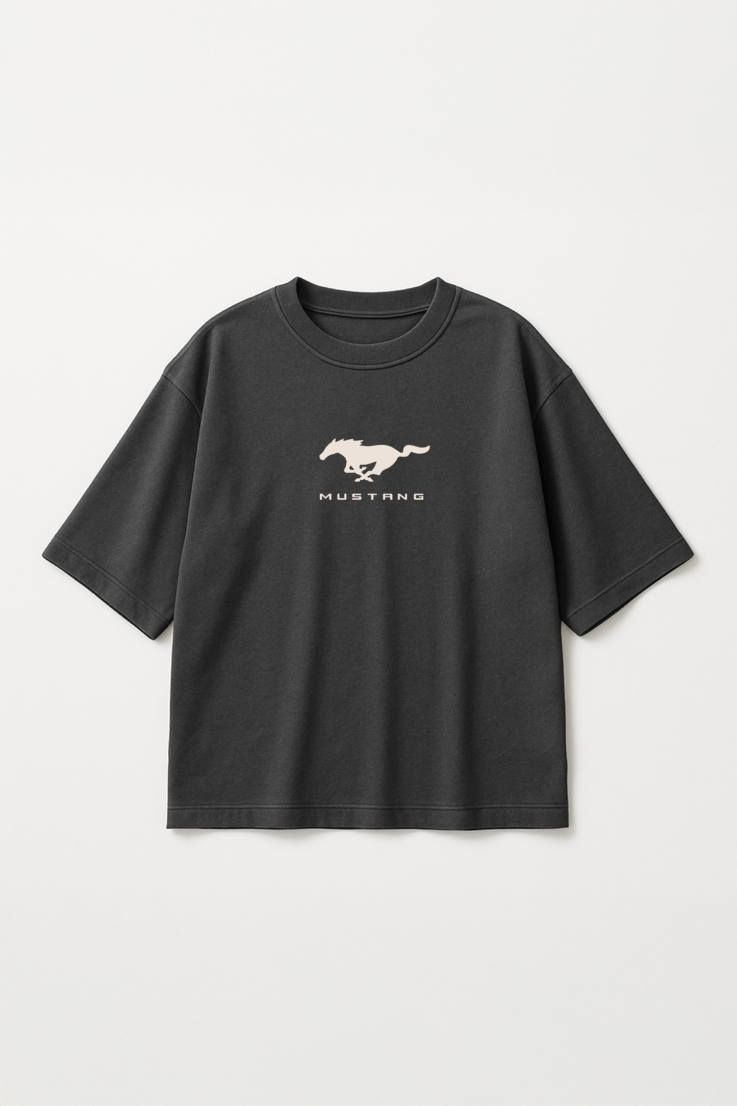 Flat lay of Version Originale’s Mustang tee in charcoal grey featuring the iconic Mustang horse logo and “Mustang” text on the chest