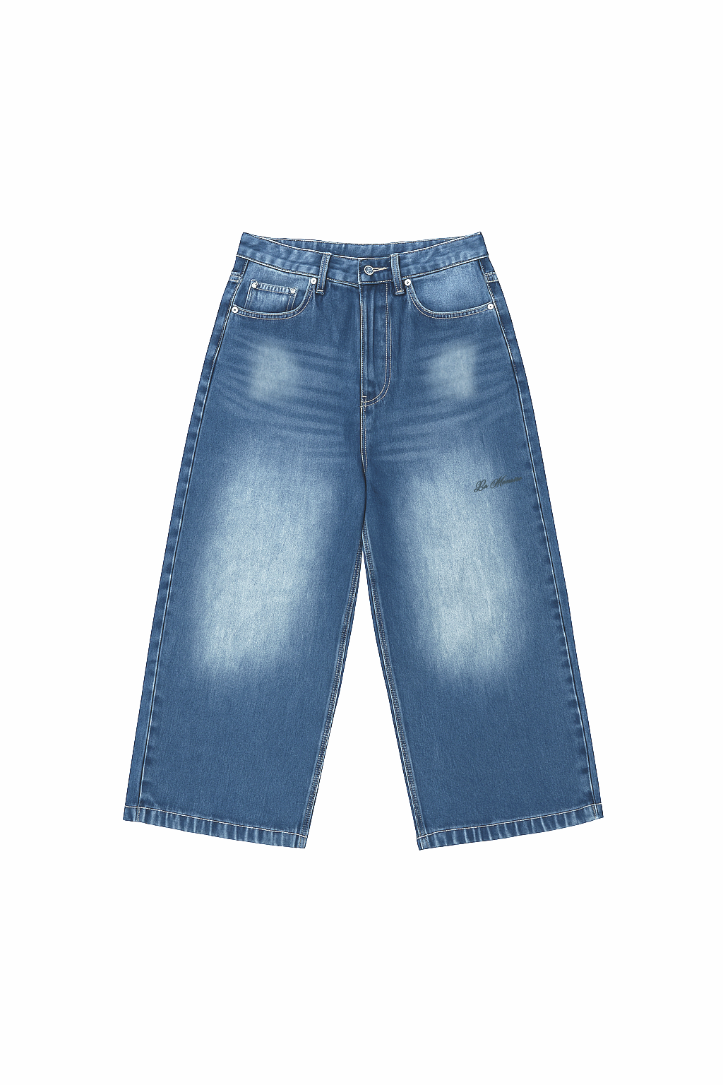 Flat lay of Version Originale’s faded denim blue jeans featuring a relaxed wide-leg cut, subtle whiskering, and a dark “La Mémoire” print