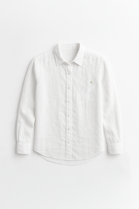Flat lay of Version Originale's classic white linen shirt featuring a full button-up front and subtle green palm tree embroidery on the chest