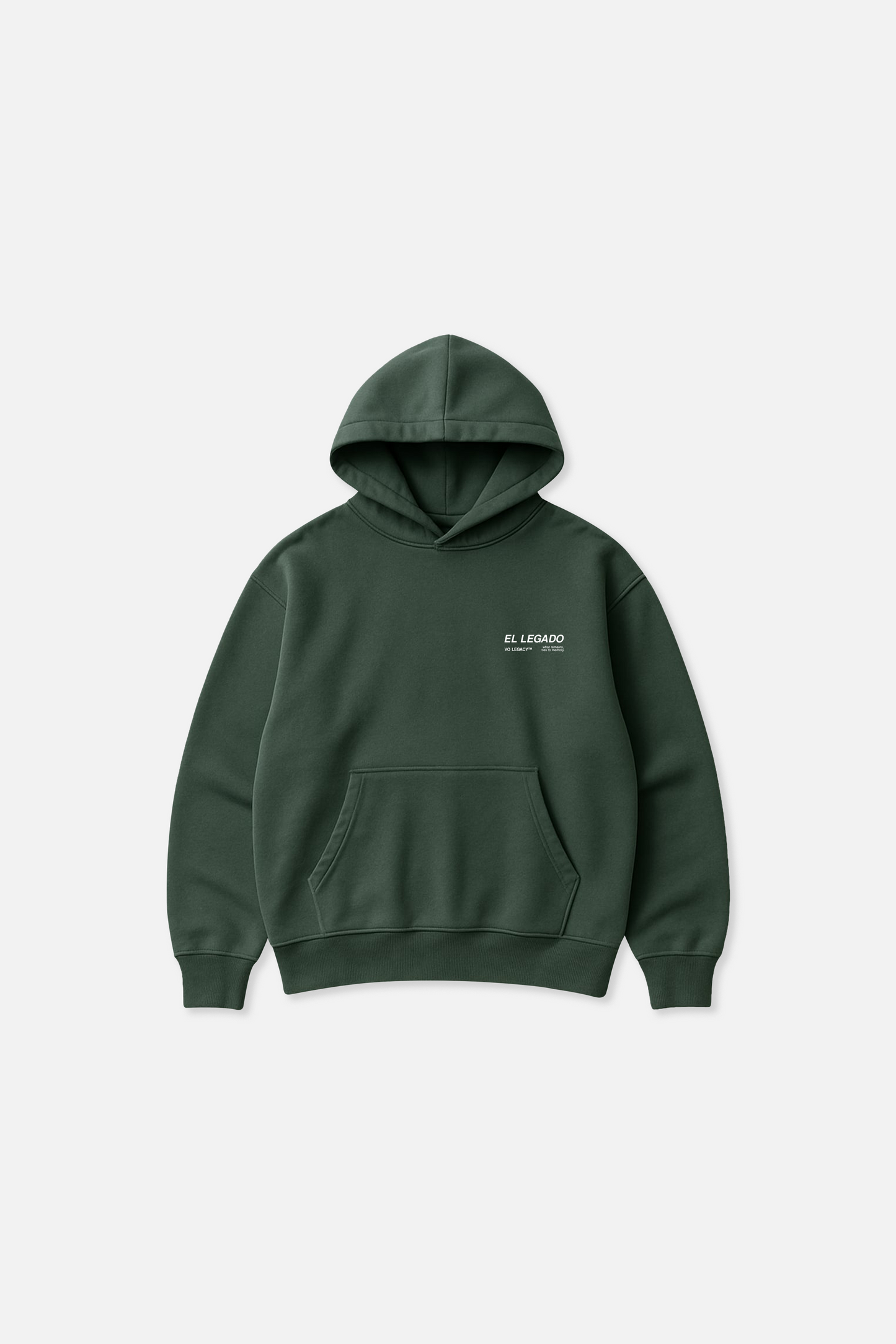 Bottle green hoodie featuring "El Legado" print on a white background