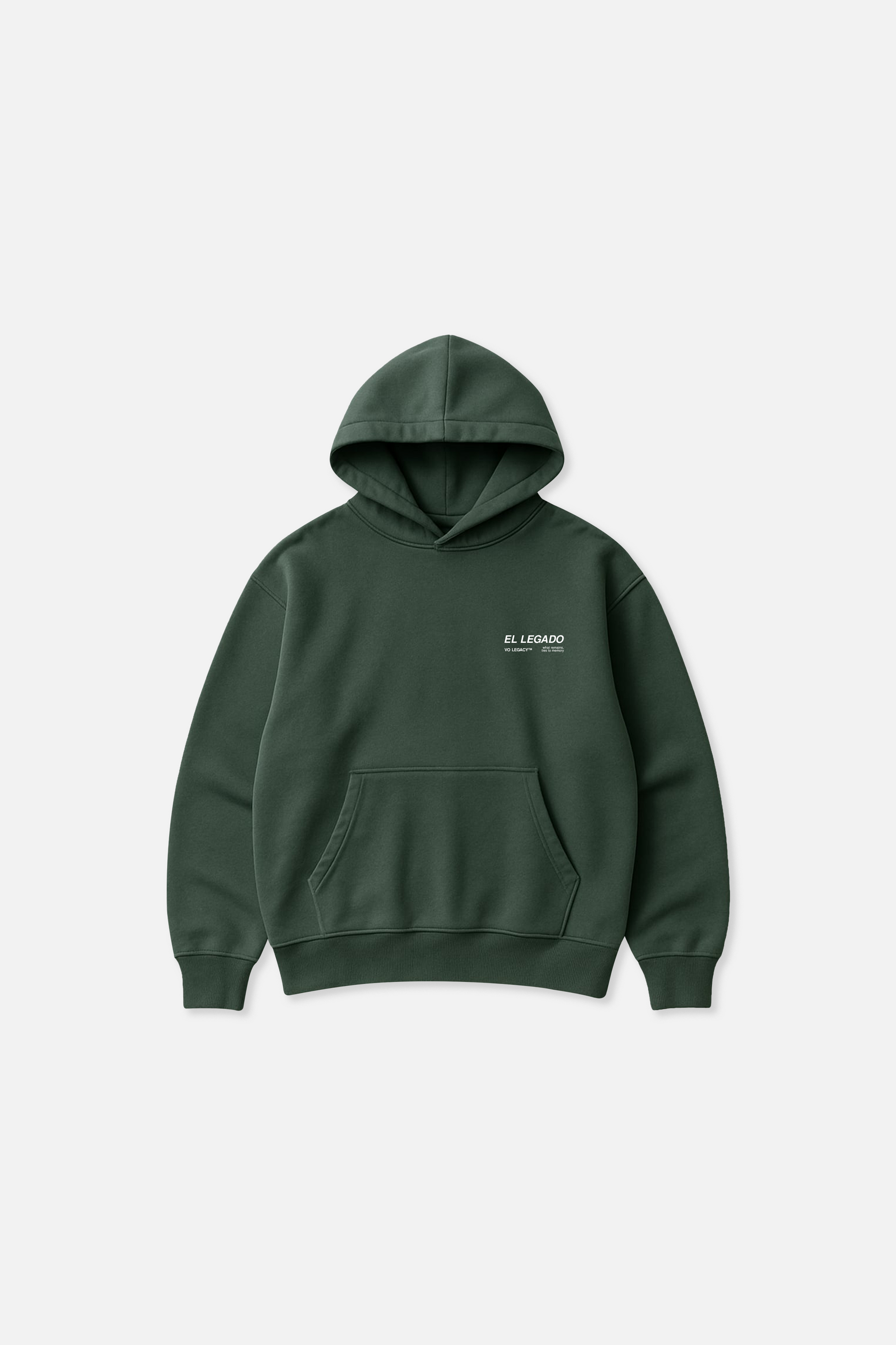 Bottle green hoodie featuring "El Legado" print on a white background