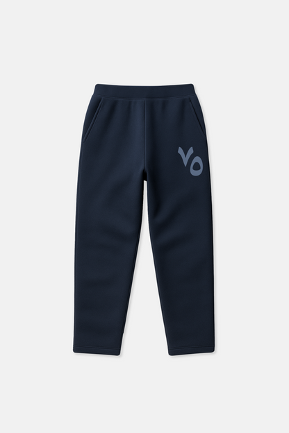 Navy blue sweatpants with a 'VO' puff print on a white background