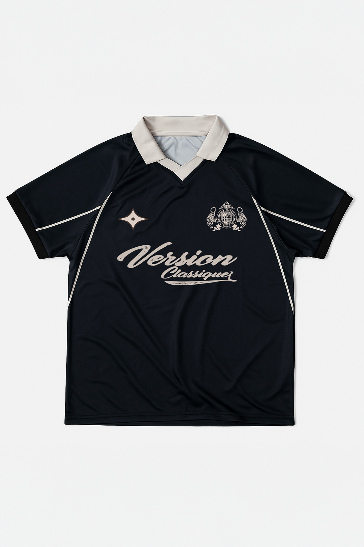 Flat lay of Version Originale’s black retro football jersey featuring a beige “Version Classique” chest print and crest detailing
