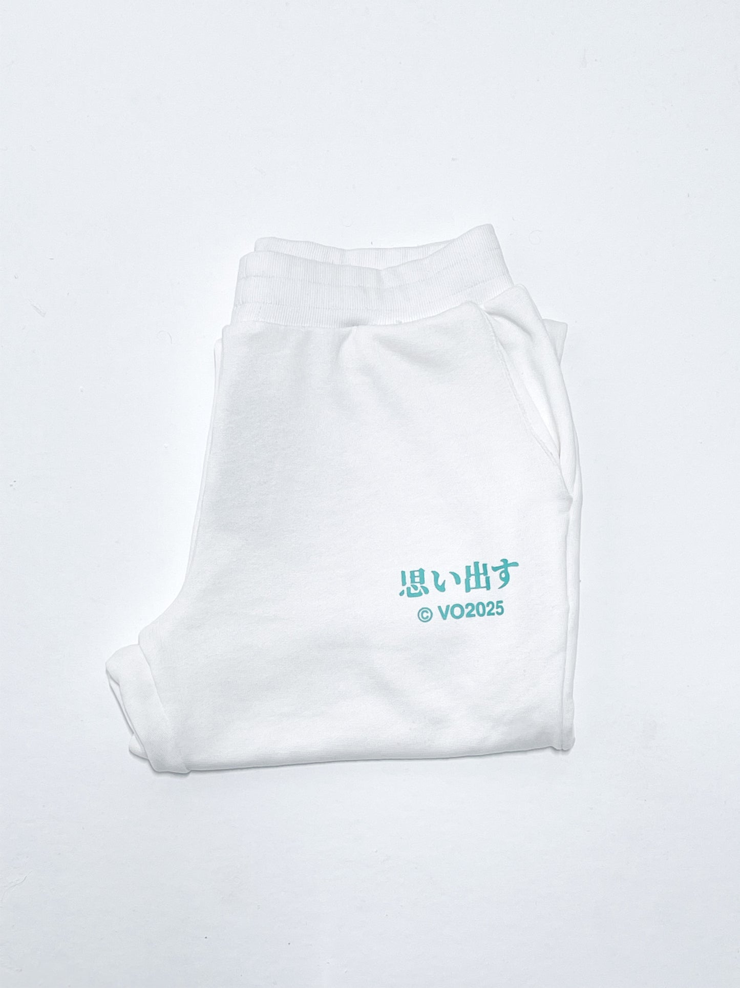White sweatpants with bright green Japanese text print against a light background