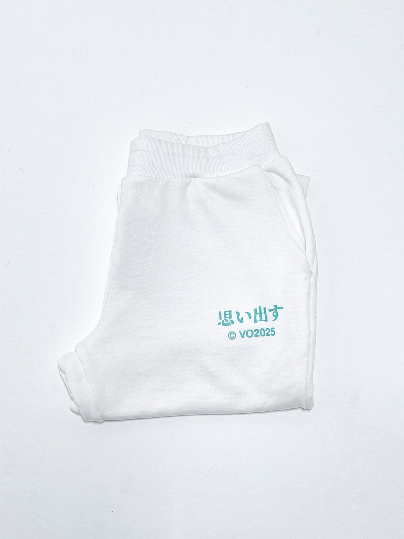 White sweatpants with bright green Japanese text print against a light background